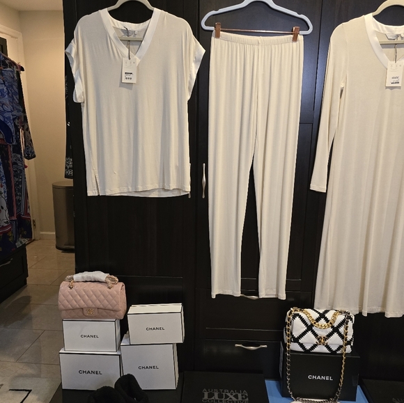 Frette Cascade Luxury Loungewear 2025 NWT Beige/White Set Top/Pants Silk/ Cotton - Picture 11 of 12